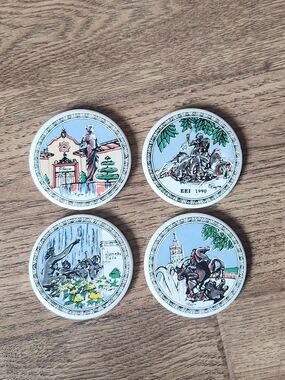 Set of 4 Round Vintage, Greek Themed, Illustrated Coasters - Multi-Color